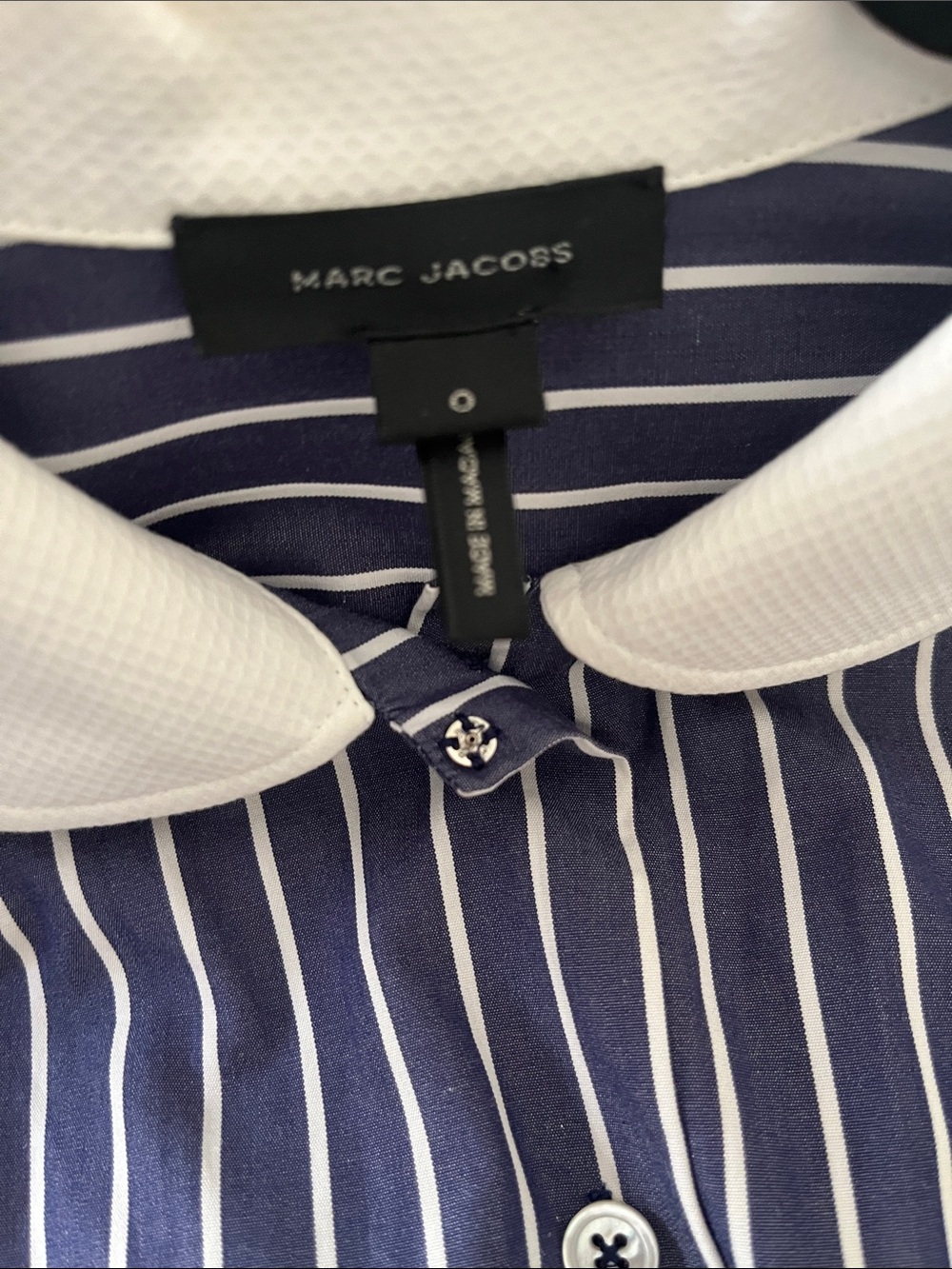Striped Navy Button-Down Shirt with Contrast White Collar French cuffs oversized - Picture 3 of 13
